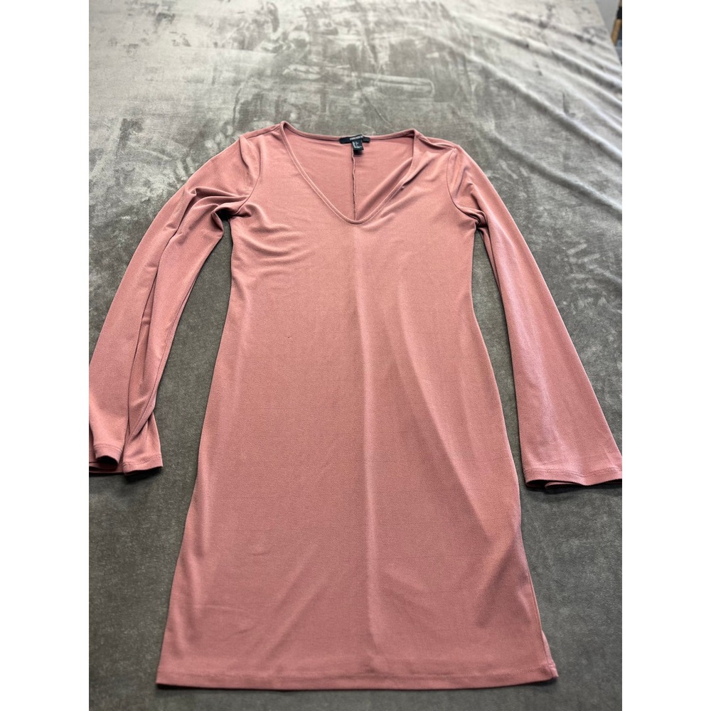 Forever 21‎ Dusty Rose Pink V-Neck Long Sleeve Mini Dress Large Bodycon Stretch